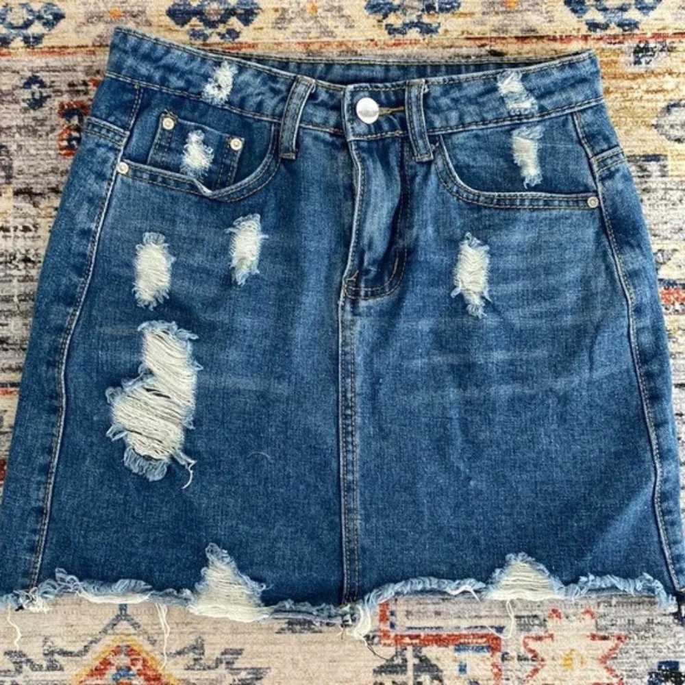 Distressed High Waist Denim Jean Mini Skirt Size S